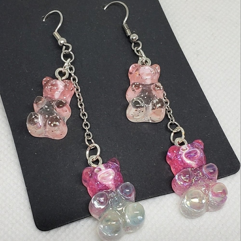 Handmade Ombre Gradient Glitter Gummy Bear Dangle Chain Earrings